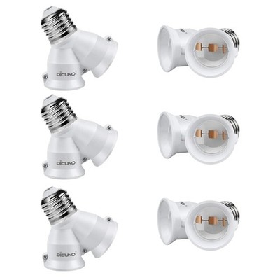 Dicuno 2 in 1 E26 Socket Splitter Adapter, 2 E26 Standard Medium Base Bulbs in 1