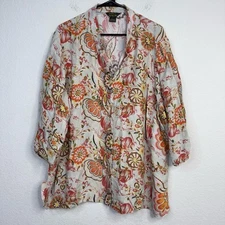Poeme By Citron Shirt Womens 3X Silk Blend Floral Button Boho Whimsical Resort