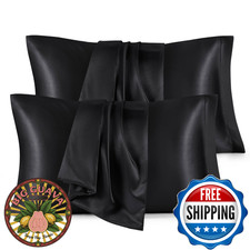 Bedsure King Satin Pillowcase Set of 4 Black 20x36" Envelope Closure