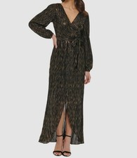 Guess Women's Black Metallic Striped Surplice Long Sleeve Self-Tie Dress Size 6