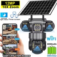 3 Lens 12MP Solar Battery Home Security Camera Outdoor Wifi Wireless PTZ CCTV US