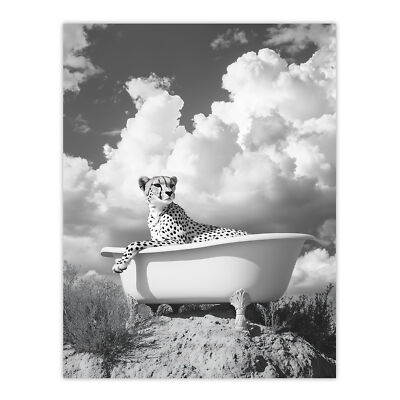 Cheetah in Bathtub Black White Desert Surreal Wall Art Poster Print