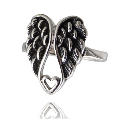 Angel Wings Ring w/ Tiny Heart - 925 Sterling Silver - Love Memorial Remembrance