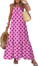Women's Summer Spaghetti Strap Scoop Neck Smocked Ruffle Flowy Maxi Dress