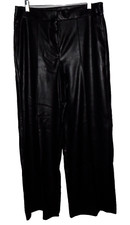 Nine West Womens Faux Vegan Leather Pants Sz 10 Black Fly Front Pockets Wide Leg
