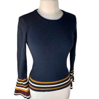 Marled Bell Sleeve Ribbed Contrast Sweater, M, Navy