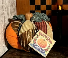 Grubby Primitive Patchwork Pumpkin Pillow Fall Halloween w Rose Advertising Tag
