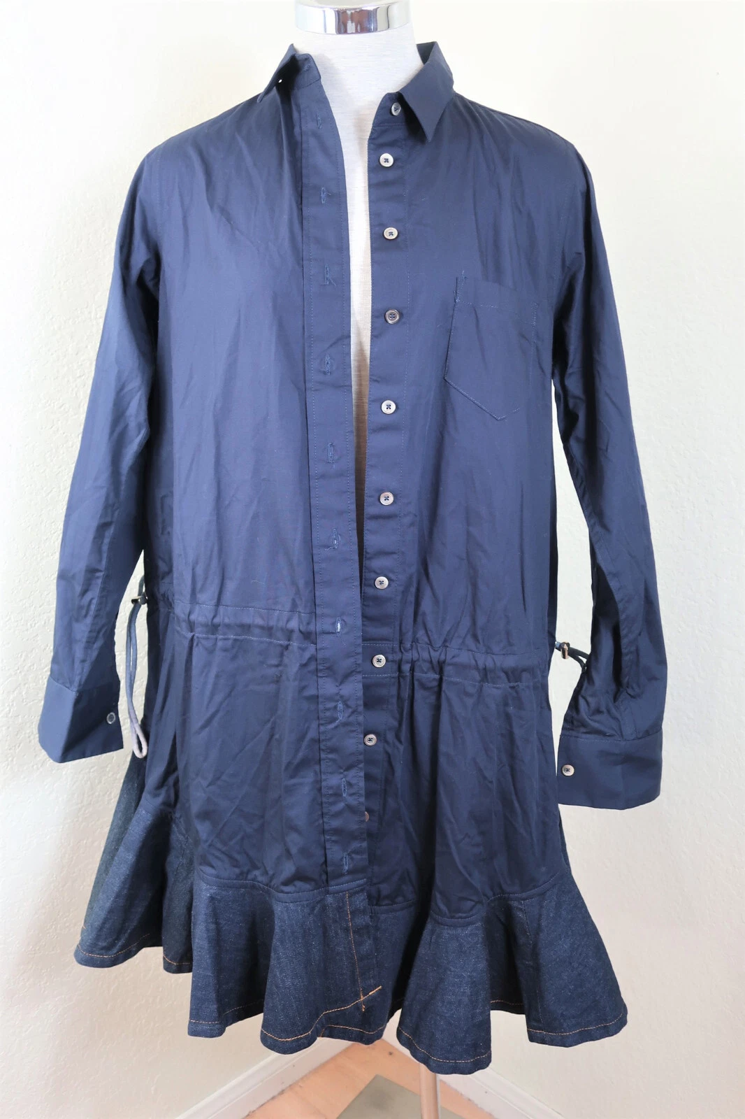 SACAI Blu Poliestere Manica Lunga Abito Top Blusa Camicia Small 0 2 4