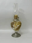 Antique Miniature Milk Glass Oil Lamp Painted Raised Grape Leaf Motif Night