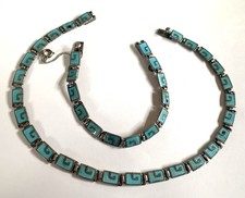 VINTAGE SIGNED MARGOT DE TAXCO STERLING LIGHT BLUE ENAMEL NECKLACE & BRACELET