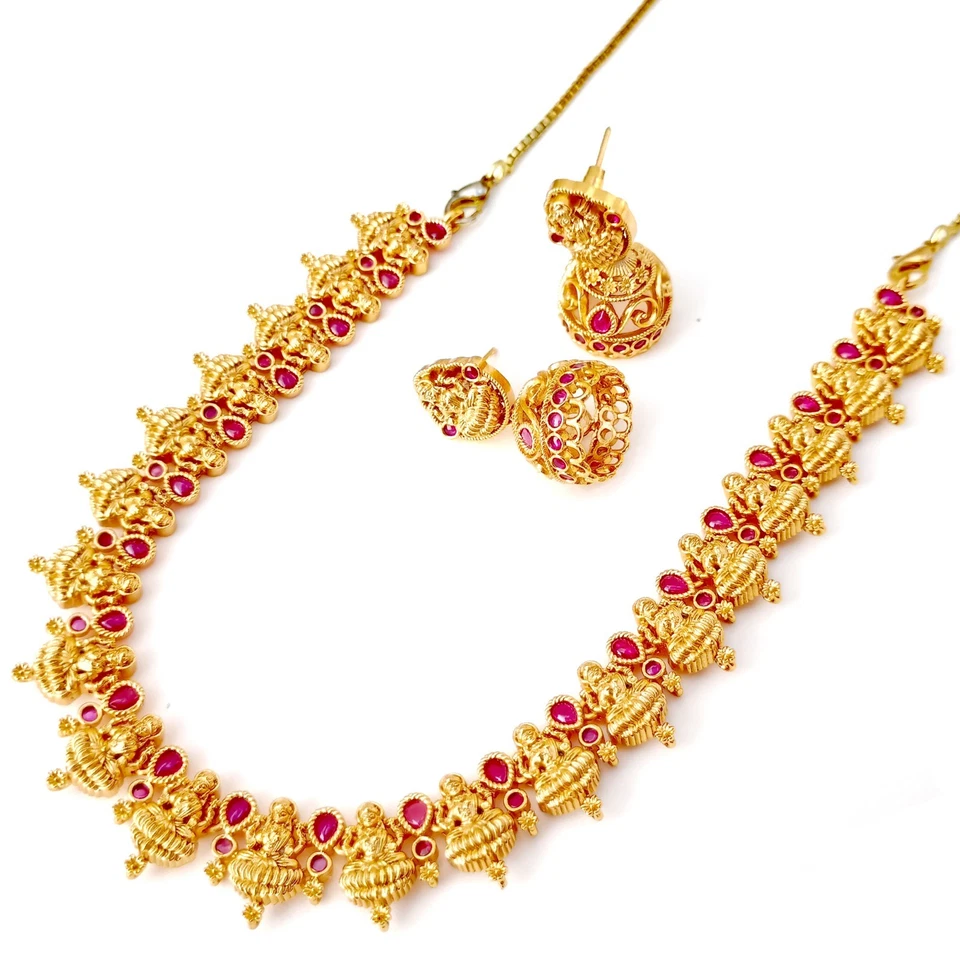 Conjunto de joyas de templo del sur de la India collar de rubí de la diosa Lakshmi enchapado en oro de 22 k Foto 4 de 4