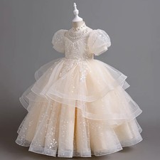 Girls Princess Sequins Christmas Party Dress Elegant Puff Sleeve Gown Vestidos