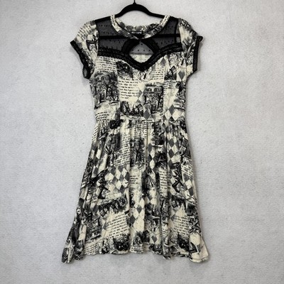 Hot Topic Dress Womens Medium Black Alice In Wonderland Mesh Fit Flare Goth