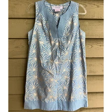Gretchen Scott Metallic Silver Print Shift Dress Size M Blue Cotton