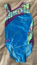 GK Elite Child Small CS Dance/Gymnastics Leotard Blue Velour with Green Purple