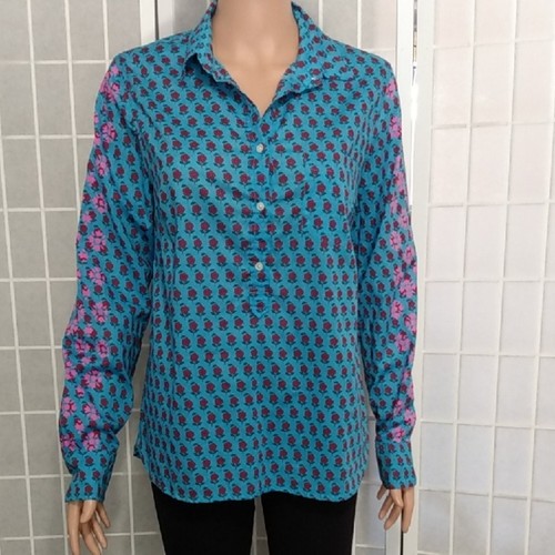 ** J. Crew Re-imagined Blue Button-up Floral Shirt wl/Pink Floral Accents M - Afbeelding 1 van 15