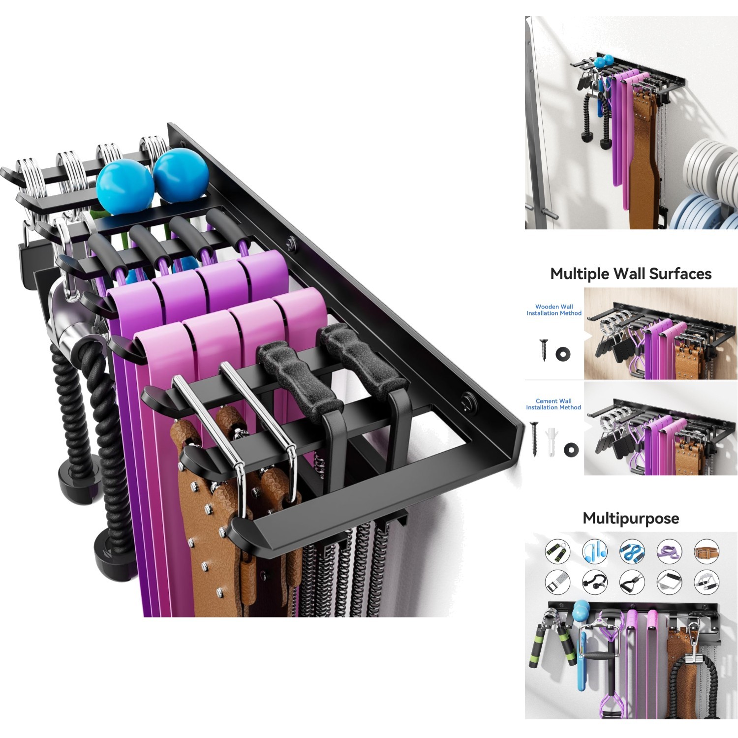 Wall Mounted Gym Storage Rack Resistance Band Cable Attachment & Belt Organizer