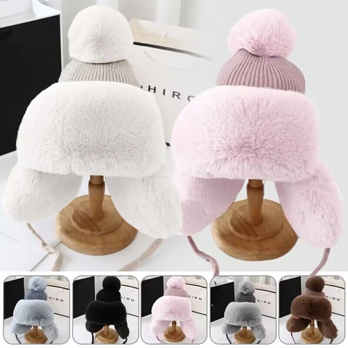 Women Girls Fur Trapper Knitted Hat Pompom Cap Russian Ushanka Ski Winter Warm - Picture 3 of 17