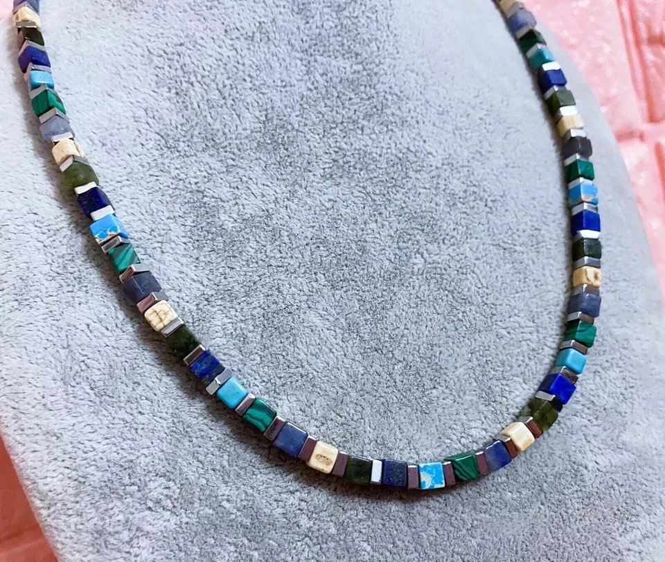 Collana Girocollo Uomo Pietra Naturale Lapislazzuli Turchese Cubo Ematite 4mm - Immagine 4 di 4