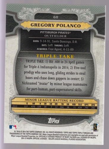 Gregory Polanco RC 2014 Topps Triple Threads #68 Amber Parallel 78/125 Pirates - Picture 2 of 2