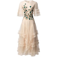 2025 Womens Layered Short Sleeve Ruffle Mesh Sequin Embroidery A Line Long Dress