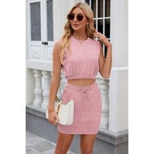 Round Neck Sleeveless Top and Drawstring Skirt Set