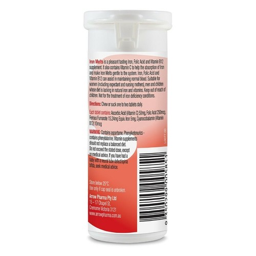 Iron Melts 50 Chewable Tablets - Strawberry Flavour Folic Acid Vitamin B12 + C - Picture 2 of 2