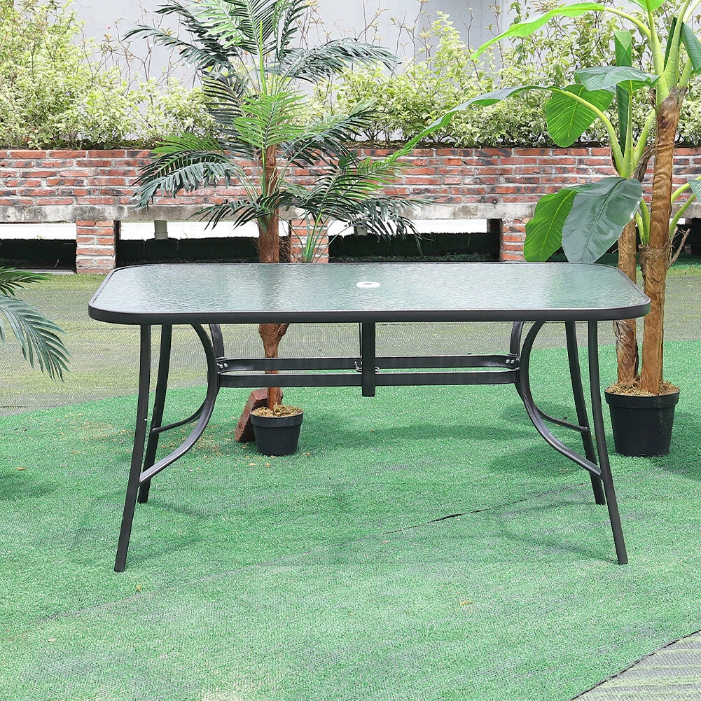 1.5m Black Garden Table Rectangle Glass Indoor Outdoor Dining Table Parasol Hole