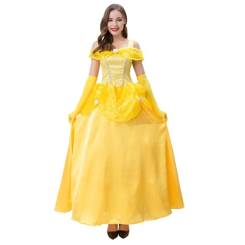 La Bella y la Bestia Bella Adulto Volantes Hombro Descubierto Vestido Disfraz Disney Amarillo Foto 2 de 4