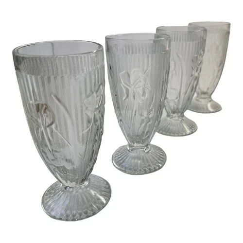 Iris & Herringbone by Jeannette Clear set of 4 Footed Water Tumblers 1928-1932
