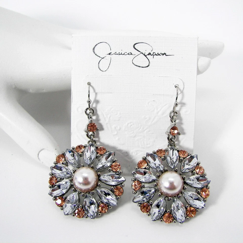 Pendientes Jessica Simpson Cristal Primrose Imitación Perla Diseño Floral Glamour Bling Foto 3 de 4