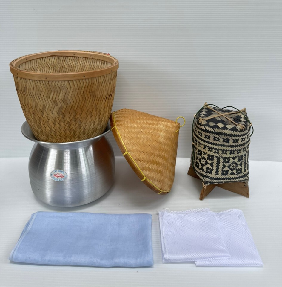 Thai Handicraft Sticky Rice Set Bamboo Basket /Lid /Pot Steamer Thin ...
