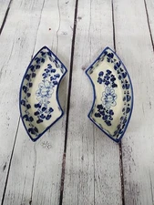 Vintage Blue and White Ceramic Cresent Dishes Set of 2 Floral Design