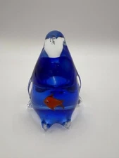 Murano Sommerso Glass Penguin Paperweight Sculpture with Fish Inside