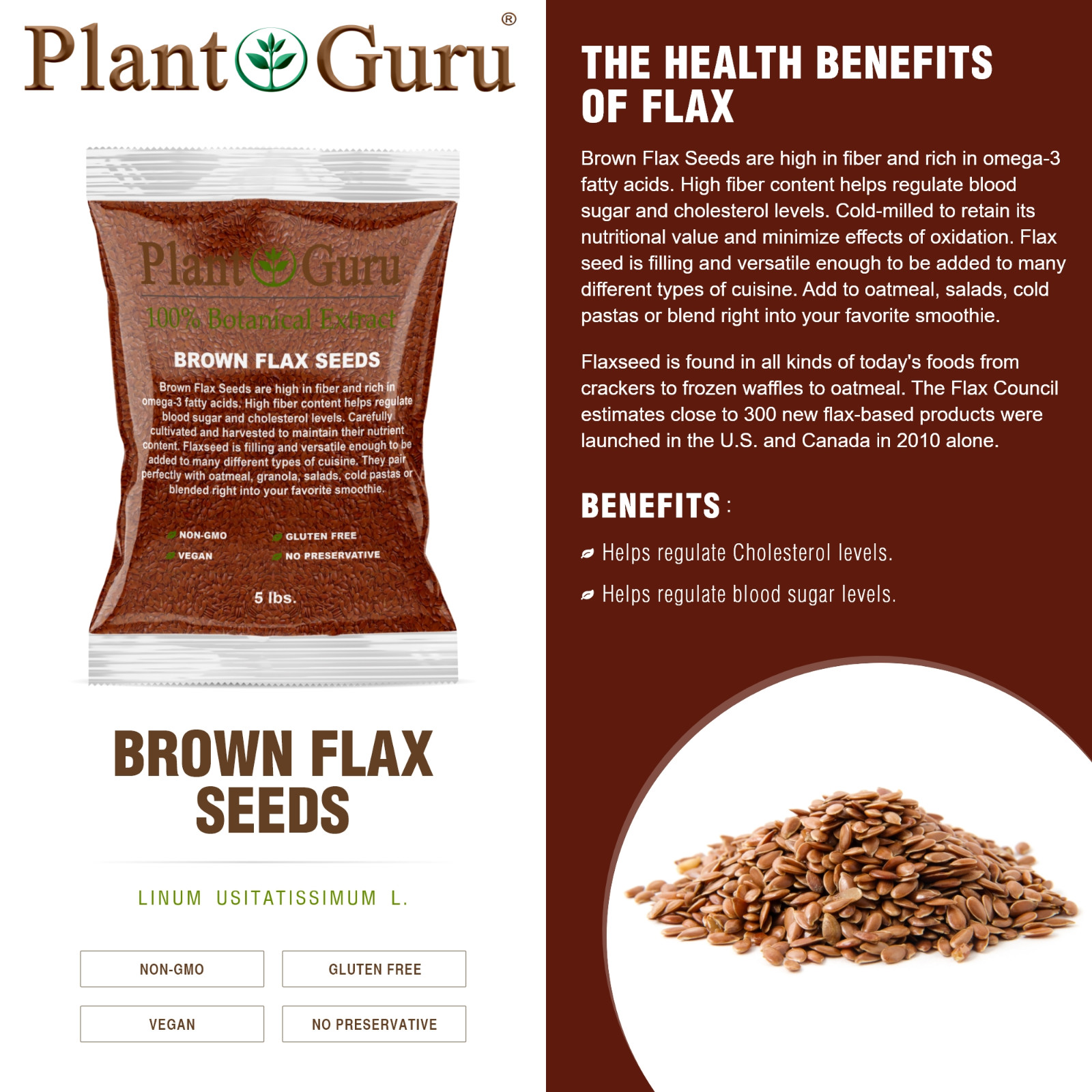 Brown Flax Seeds Whole Grain Seed Flaxseed NON GMO Linseed 1 oz to 20 lbs. Bulk Contino