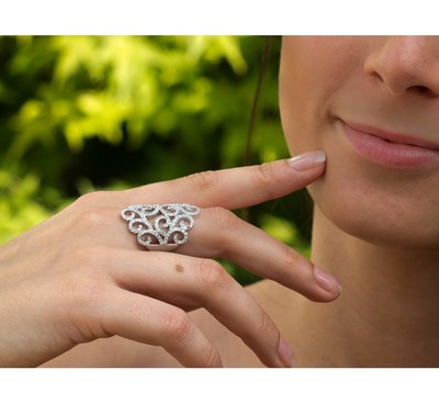 Bague Dolly-Bijoux T62 - Argent Sterling Rhodié, Filigrane Fleur Micro-sertie De CZ - Taille 62