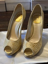 Christian DIOR Women's Gold Paisley Brocade Peep-Toe Stiletto Heel Pumps US 8