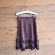 Vintage 70's Brown Handmade Western Fringe High Rise Midi Skirt Small Retro