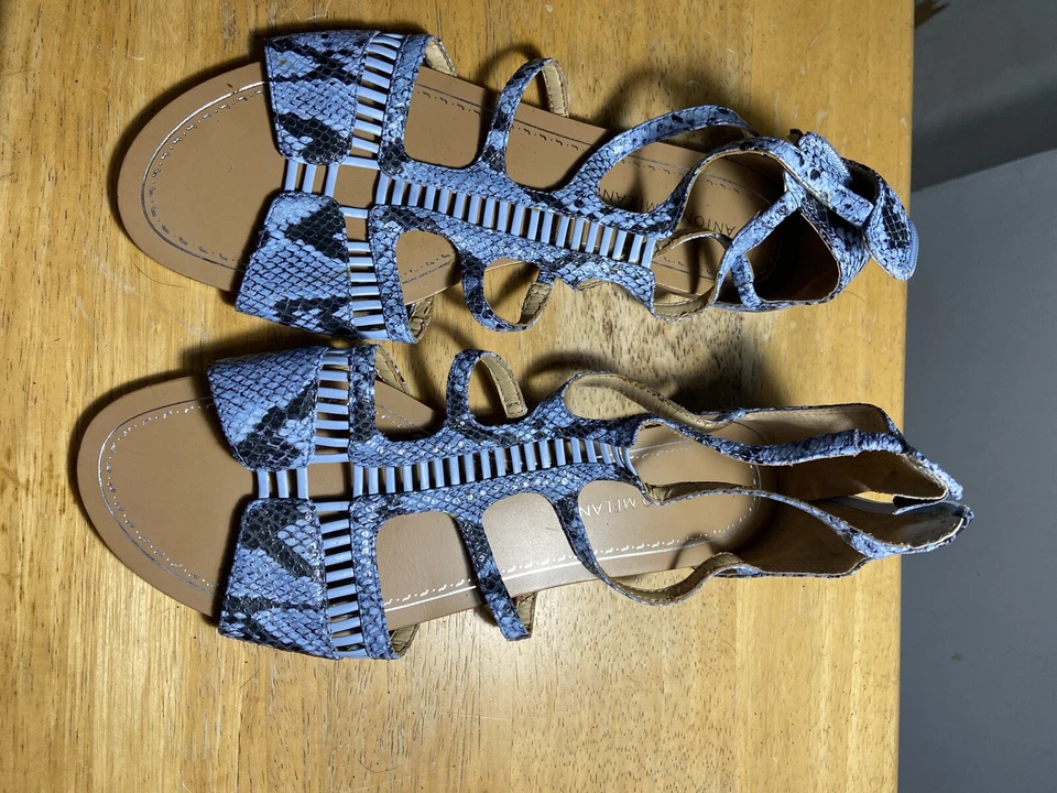 Antonio Melani Blue  SIZE 8 Snakeskin Leather Sandals LOTTIE Flat Womens - Image 2 of 4