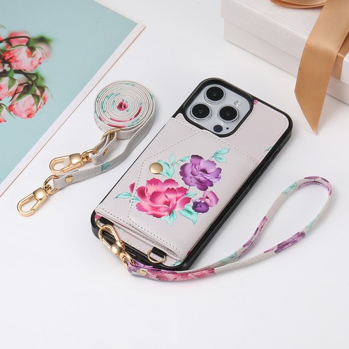 Funda tipo billetera para iPhone 16 15 Pro Max 13 12 flores + bandolera/correa de mano para mujer - Imagen 5 de 15