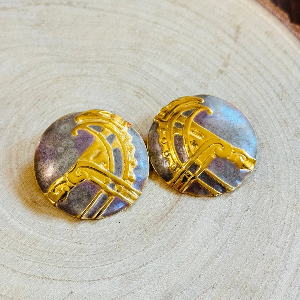 Винтажные позолоченные круглые серьги Edgar Berebi эмаль коренастый пирсинг дизайнерское фиолетовое золото - Изображение 4 из 4