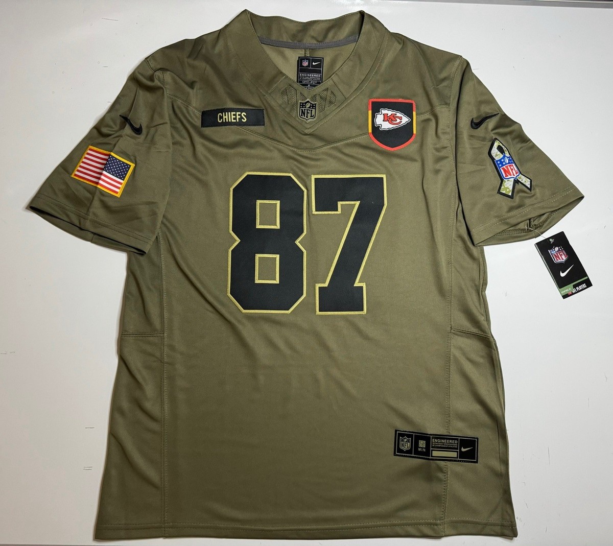 Medium Travis Kelce #87 Salute To Service Jersey Olive Kansas City