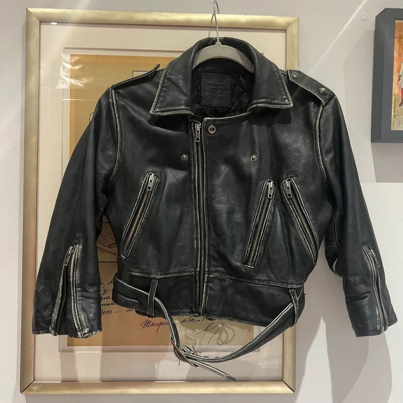 Kate Moss Topshop Rare Iconic Black Crop Aged Leather Biker Jacket Vtg UK 14 42 image 8