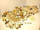 Vtg 47 Pc Golden Estate Jewelry Lot 14K GF 925 Trifari Coro SC Monet Avon Japan+