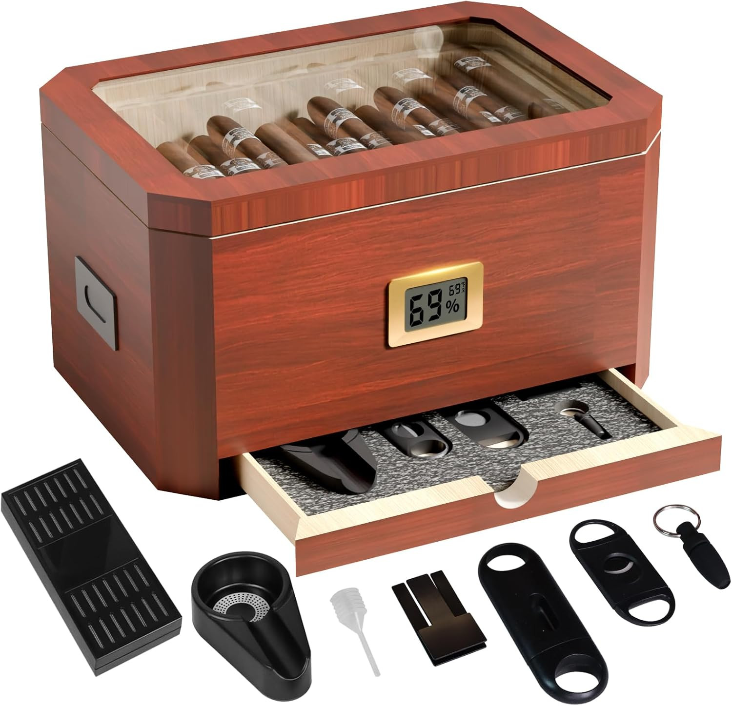 Elegant Cedar Cigar Humidor with Glass Top & Hygrometer - Ho