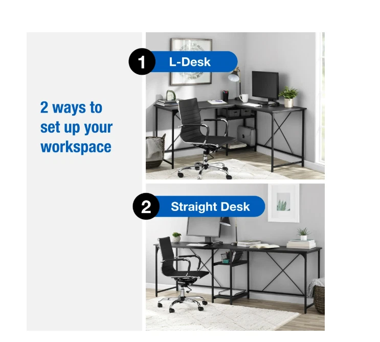 Two-Way Convertible Desk with Storage Shelf & Cord Management, Charcoal - Image 2 of 4