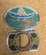  2 Vtg Belt Buckle made in Mexico Crushed Turquoise -Sombrero-Spurs / gemstone