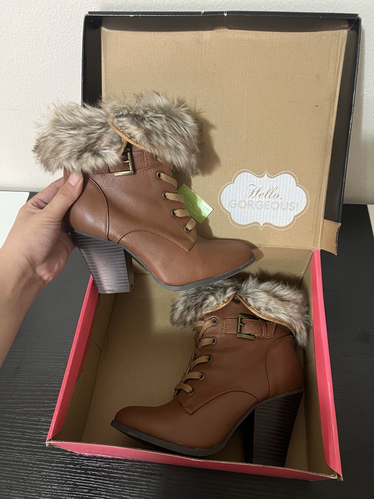 Brown Lace-Up Ankle Bootie Faux Fur Trim Buckle Size 7