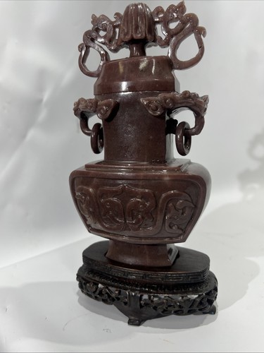 Ornate Purple Jade Carving Ring Handle Foo Dog Vase ANTIQUE Urn w/ Top & Base - Picture 5 of 13