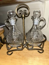 Princess House Fantasia Cruet Set, Oil & Vinegar Metal Holder Caddy LIN VINTAGE